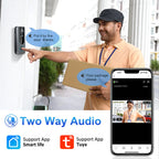 A man in an orange polo shirt and black cap points to a black smart Zylos Video Doorbell Camera mounted on a white exterior wall. A smartphone screen on the right shows a live video feed from the doorbell.
