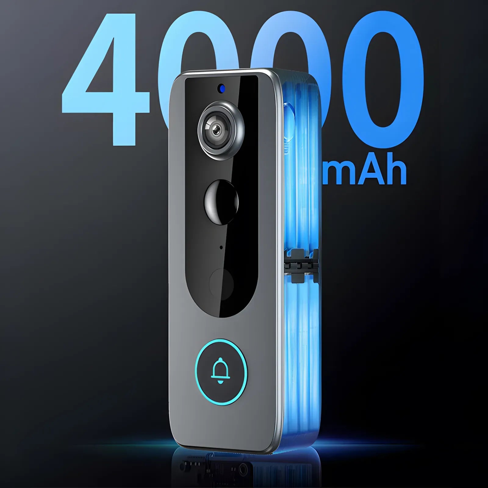 A Zylos Video Doorbell Camera with a transparent side panel showing blue internal lighting, set against a dark background with large blue text reading '4000 mAh'.