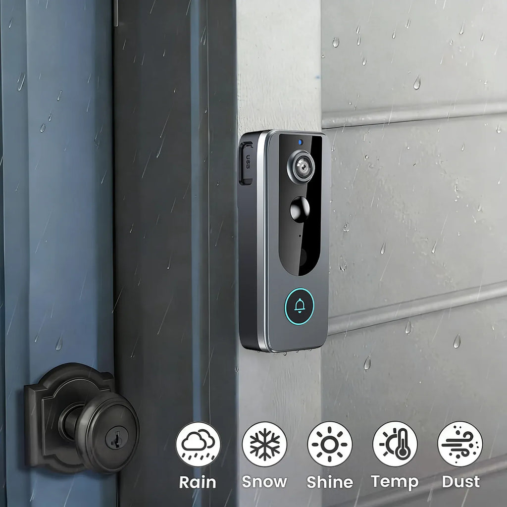 A Zylos Video Doorbell Camera mounted on a gray door frame in a rain scene, with a black doorknob on the left and feature icons along the bottom for Rain, Snow, Shine, Temp, and Dust.