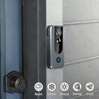 A Zylos Video Doorbell Camera mounted on a gray door frame in a rain scene, with a black doorknob on the left and feature icons along the bottom for Rain, Snow, Shine, Temp, and Dust.