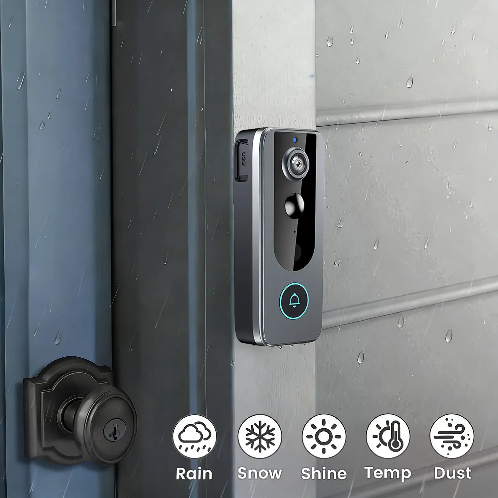 A Zylos Video Doorbell Camera mounted on a gray door frame in a rain scene, with a black doorknob on the left and feature icons along the bottom for Rain, Snow, Shine, Temp, and Dust.