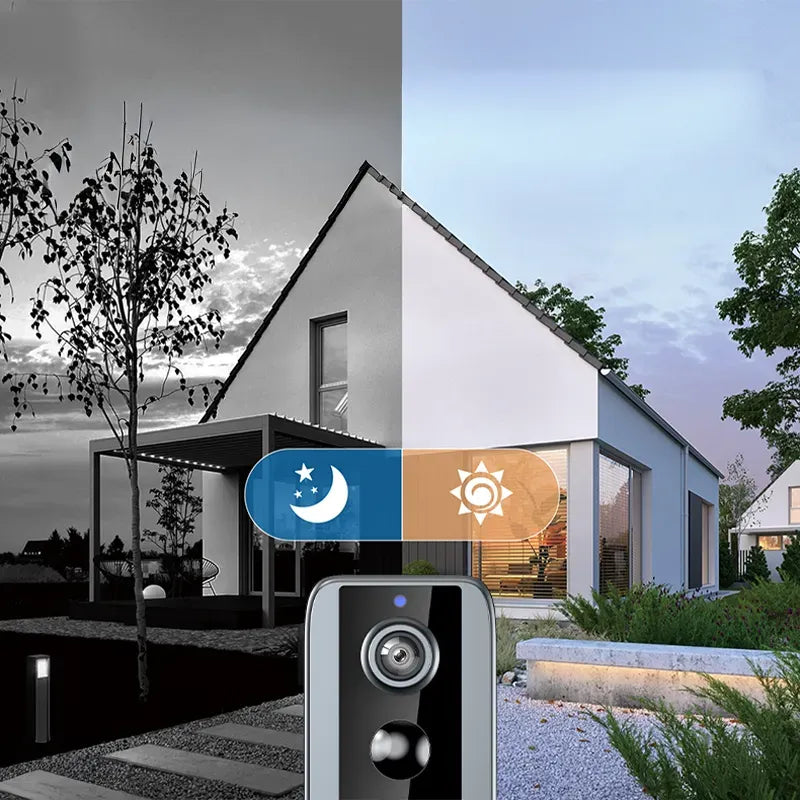 A Zylos Video Doorbell Camera is shown in front of a modern house, with a split black-and-white day/night view on the left and a color daytime/early-evening view on the right. A blue moon-and-star icon and an orange sun icon appear over the center, suggesting smart lighting or security features.
