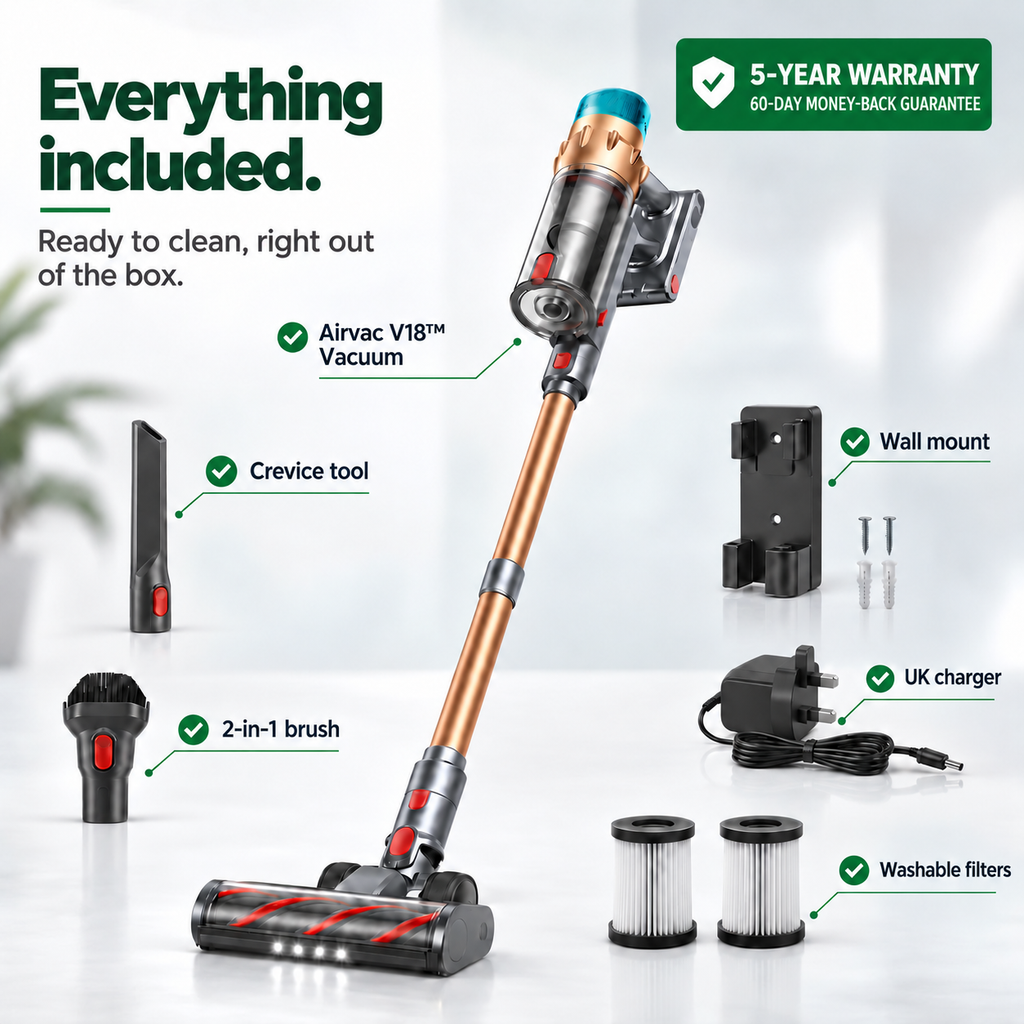 Airvac V18 Cordless Vacuum Cleaner complete kit and accessories