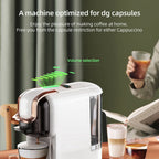 brewnexi coffee machine optimized for dg capsules with a person holding a cup of coffee in the background.