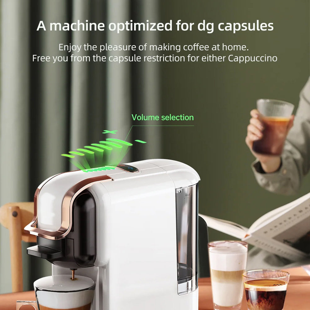 brewnexi coffee machine optimized for dg capsules with a person holding a cup of coffee in the background.