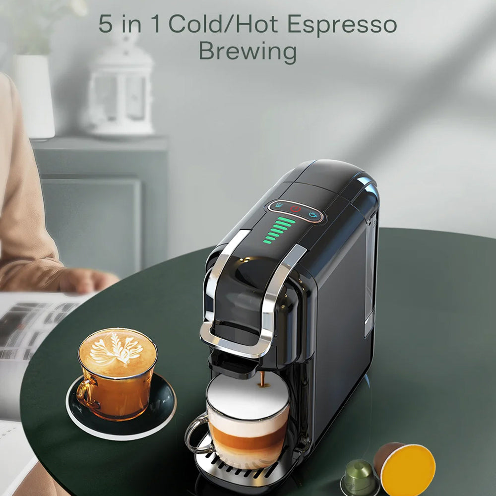 5-in-1 cold/hot espresso brewing brewnexi coffee machine on a table with a cup of coffee and a person reading a newspaper.