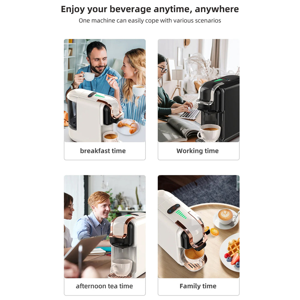Multifunctional brewnexi coffee machine used at different times of the day with people enjoying their beverages.