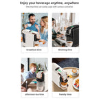 Multifunctional brewnexi coffee machine used at different times of the day with people enjoying their beverages.