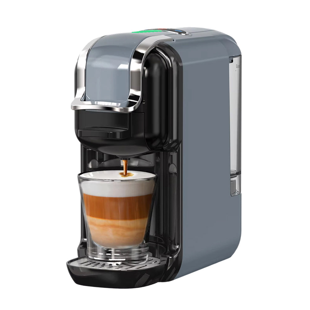 Gray brewnexi coffee machine dispensing a cup of coffee on a white background
