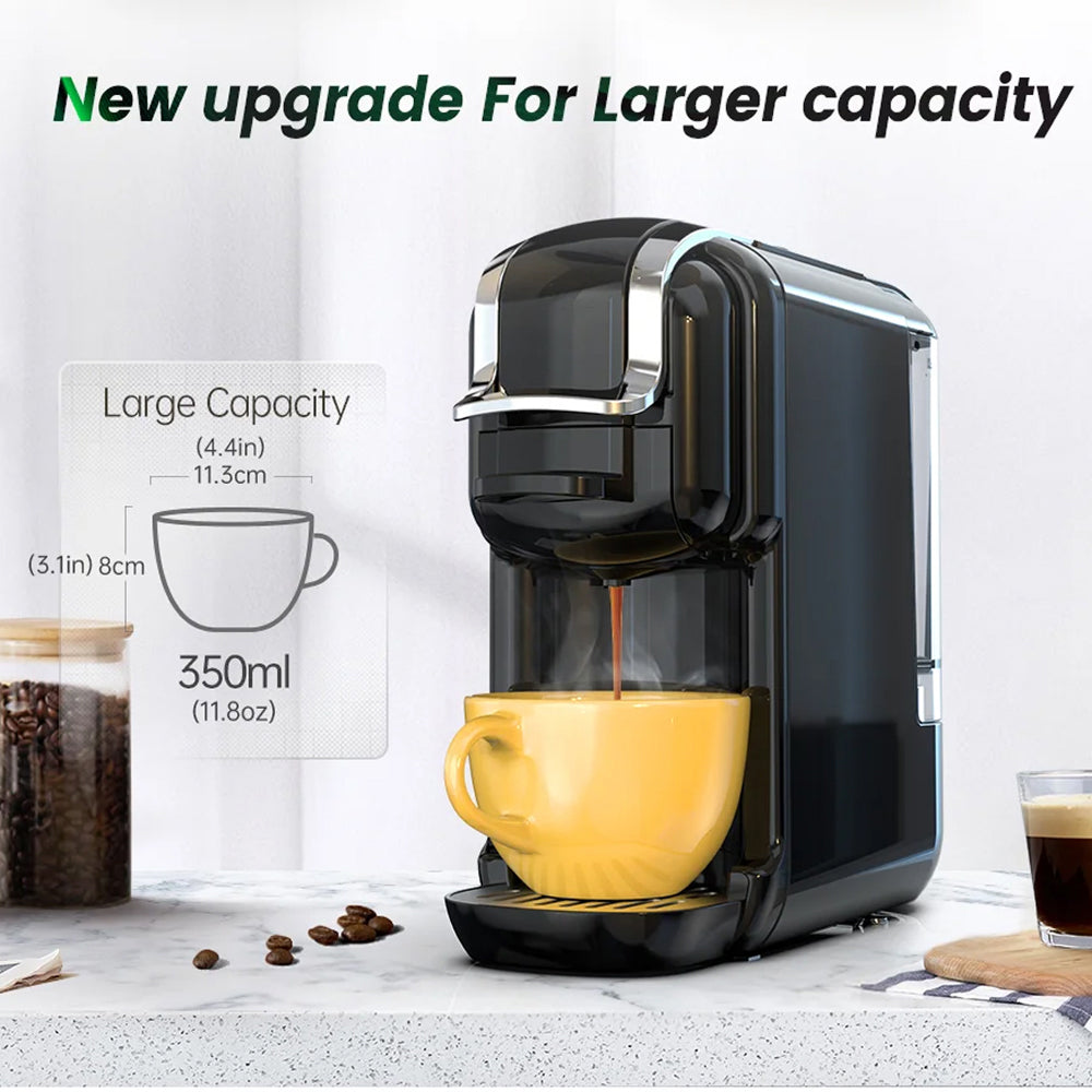 brewnexi coffee machine pouring coffee into a yellow cup with text highlighting larger capacity.
