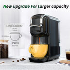 brewnexi coffee machine pouring coffee into a yellow cup with text highlighting larger capacity.
