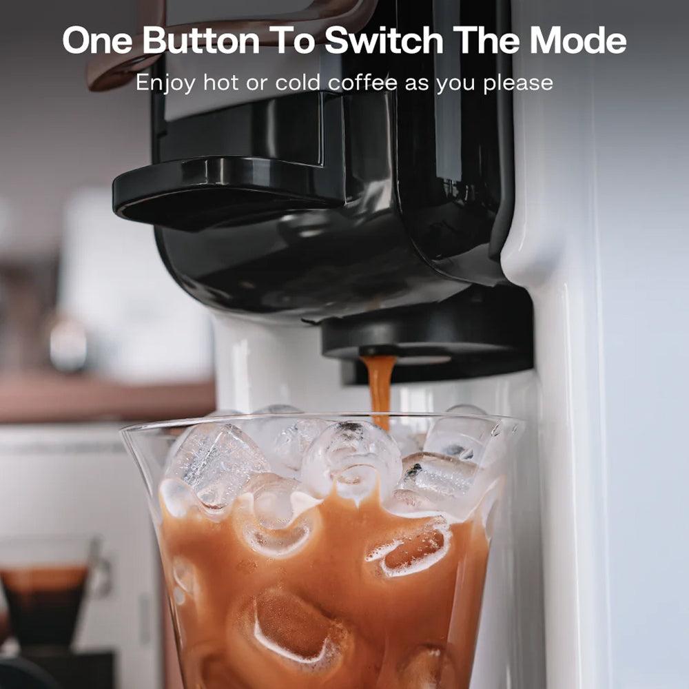 brewnexi coffee machine pouring iced coffee into a glass with text about mode switching.