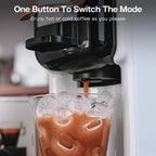 brewnexi coffee machine pouring iced coffee into a glass with text about mode switching.