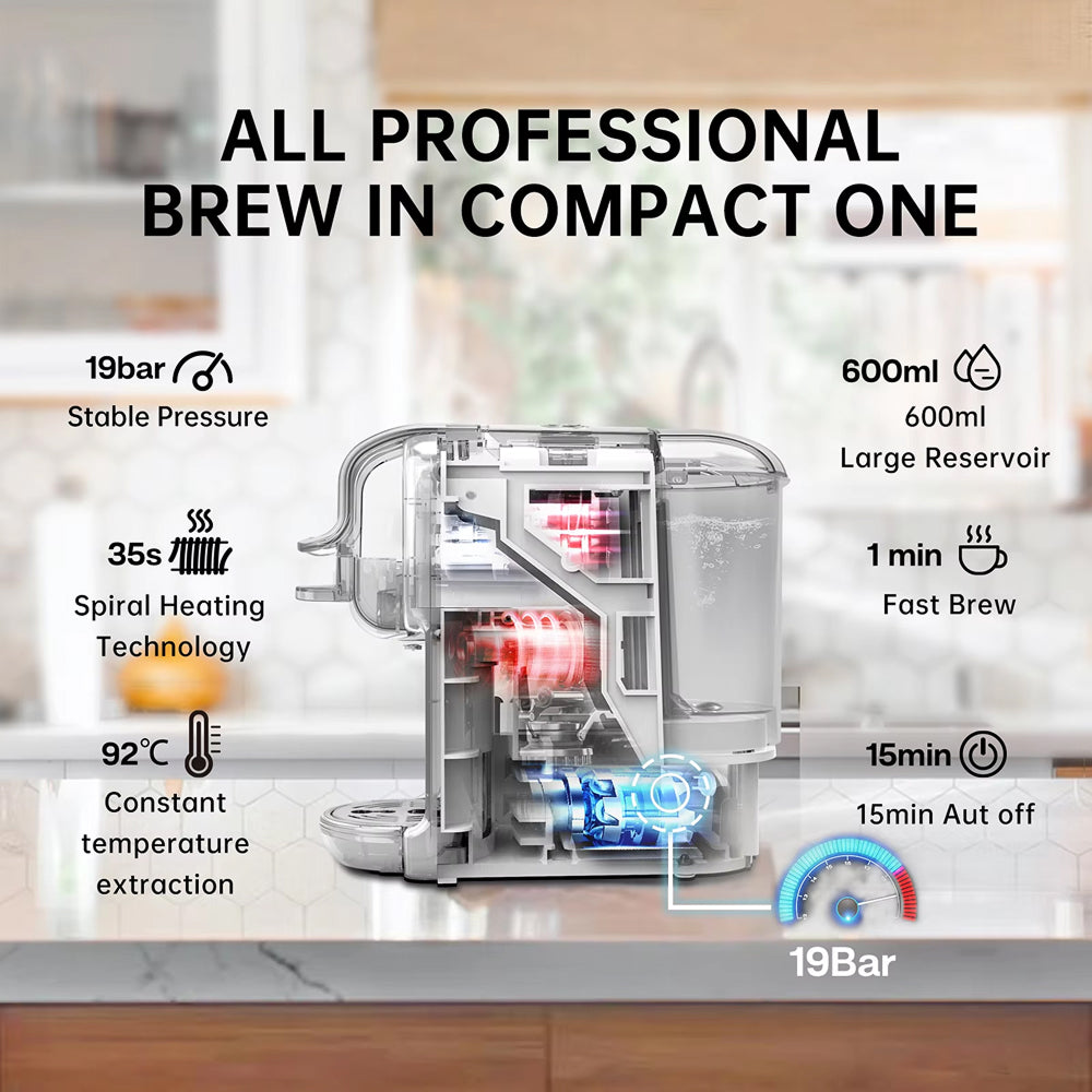 brewnexi coffee machine with features highlighted on a kitchen background