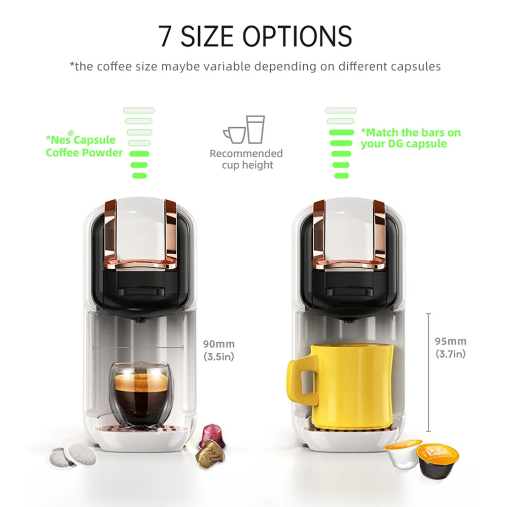 Coffee brewnexi coffee machine with 7 size options for Nespresso capsules on a white background