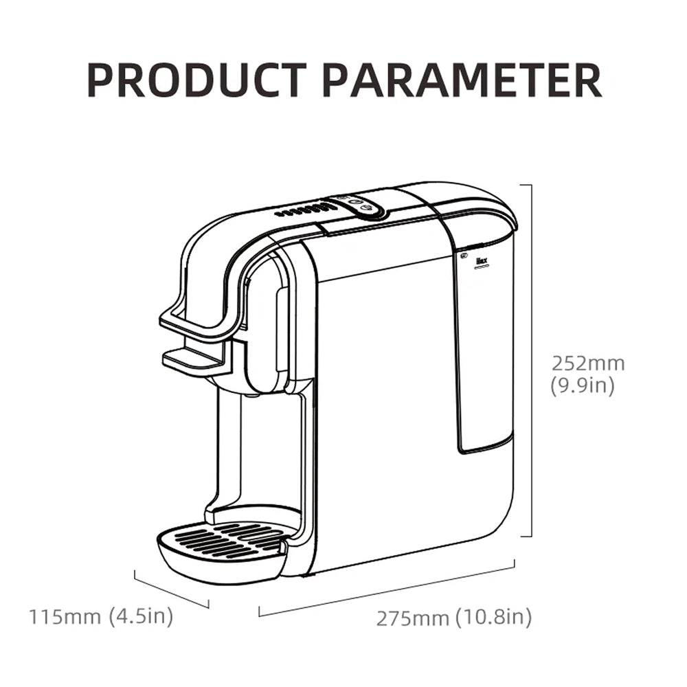 Line drawing of a brewnexi coffee machine with dimensions labeled