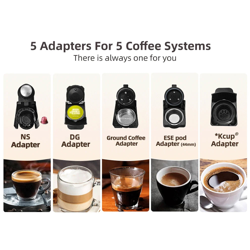 Promotional image of 5 coffee adapter brewnexi coffee machine with corresponding coffee visuals.