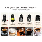 Promotional image of 5 coffee adapter brewnexi coffee machine with corresponding coffee visuals.