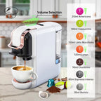 White brewnexi coffee machine dispensing coffee into a cup with volume selection chart on the side.