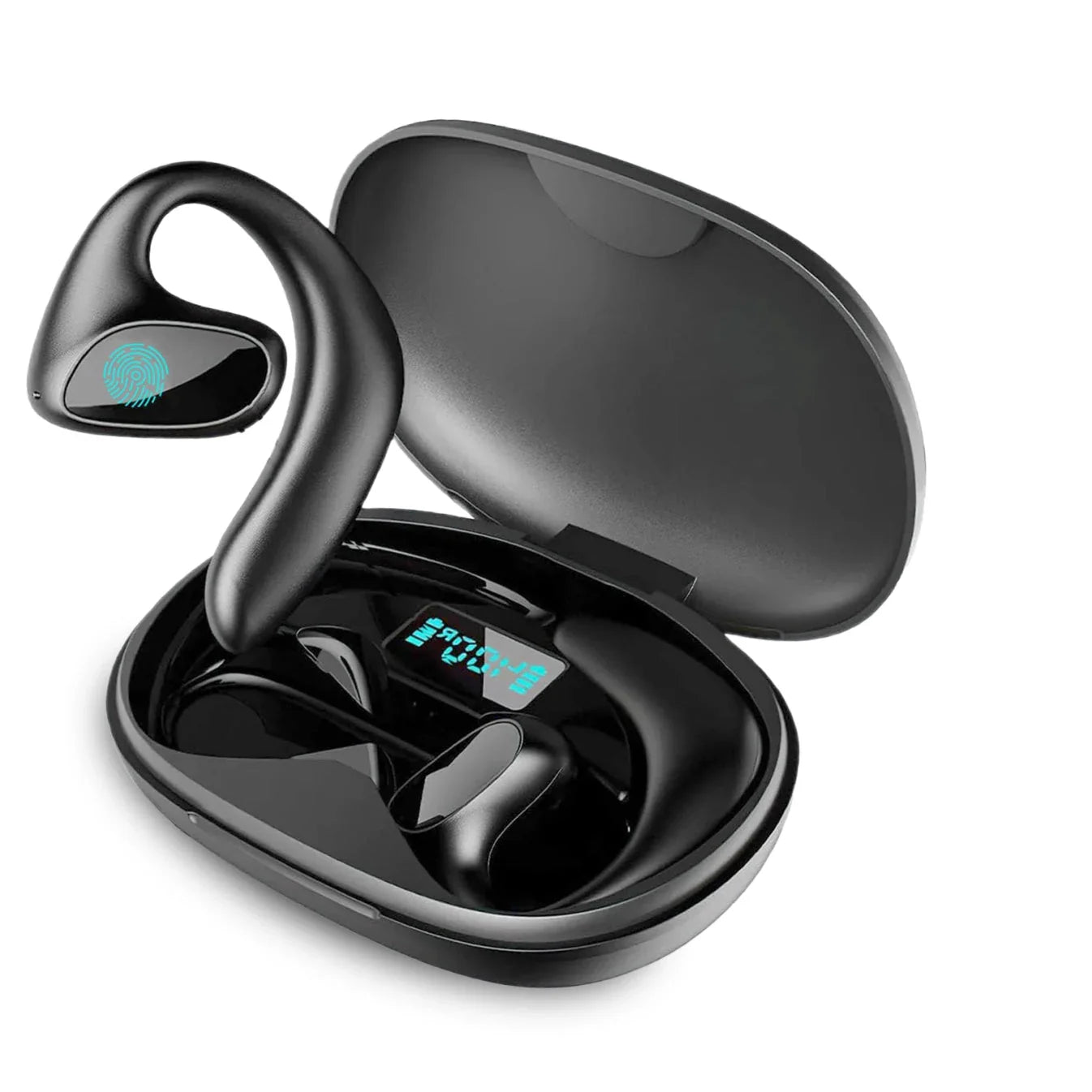 Black krevont AI Translation Earbuds
 with charging case on a white background