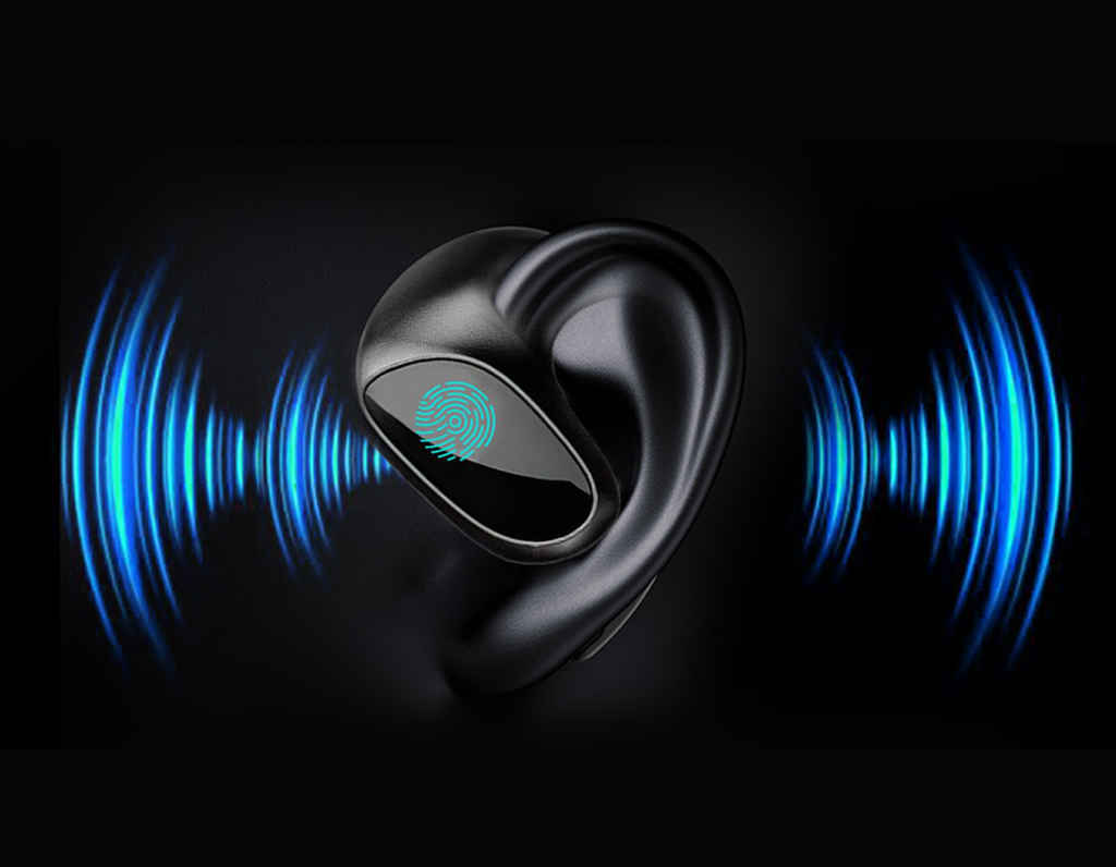 Black krevont AI Translation Earbuds
 with blue sound wave graphics on a dark background