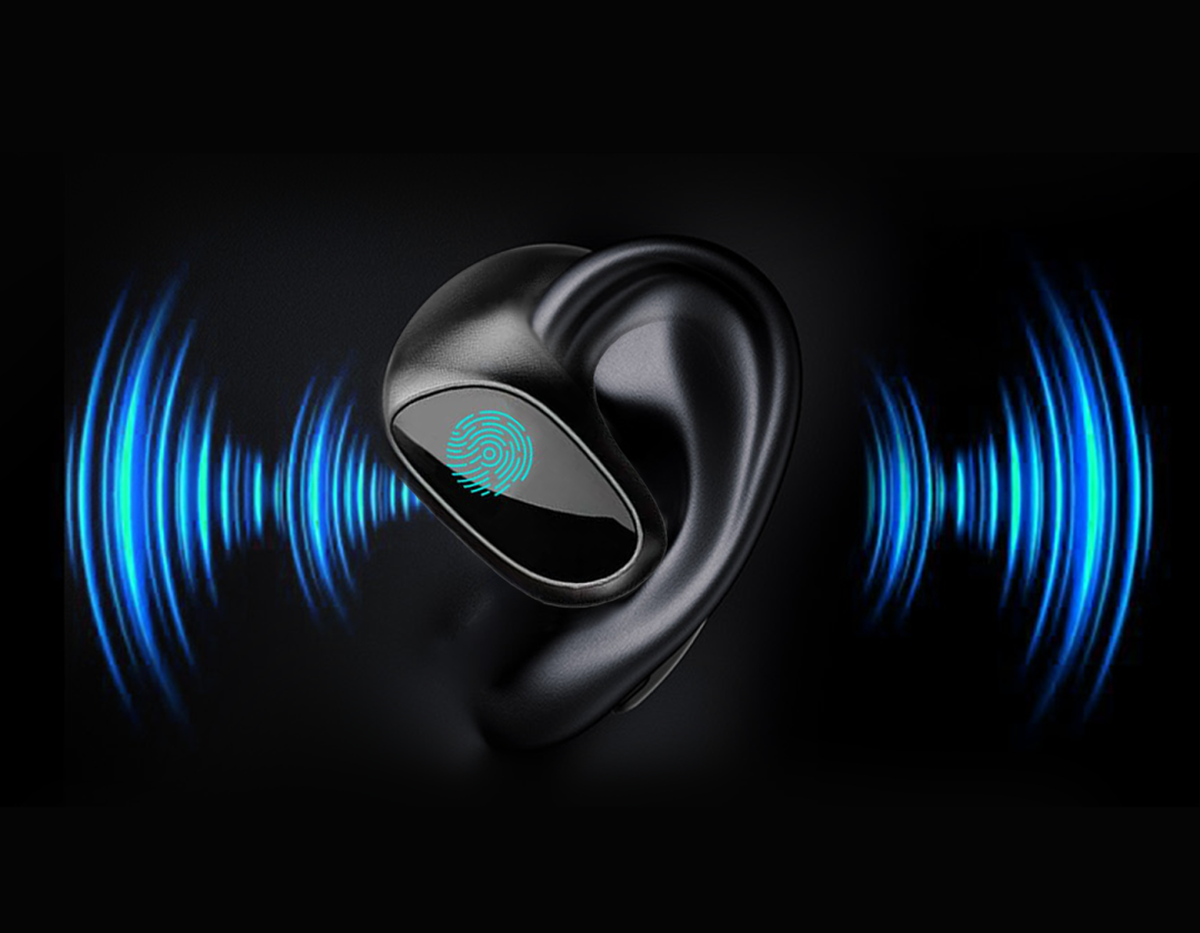 Black krevont AI Translation Earbuds
 with blue sound wave graphics on a dark background