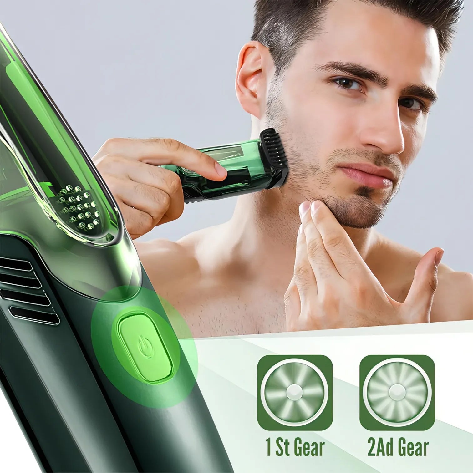 Man using a green Manzonx Beard Trimmer with close-up details on a gray background