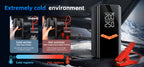 Car Mektri 2 in 1 Jump Starter & Tyre Inflatorr with digital display on a car dashboard, showing temperature extremes.