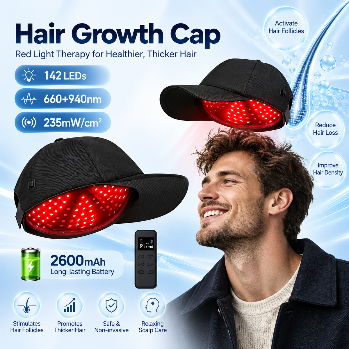 HariLumex LED Cap with handheld remote control and USB charging cable