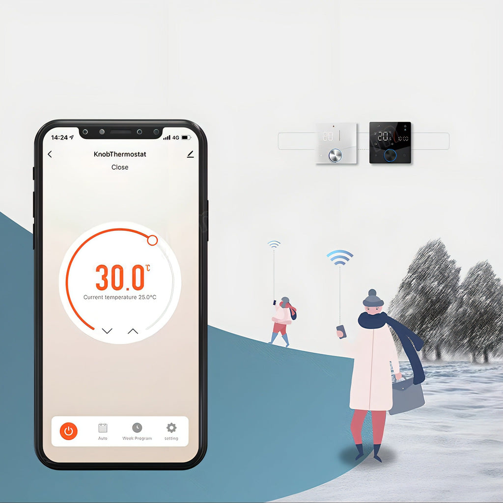 Noventrixa Heating Thermostat close-up graphic