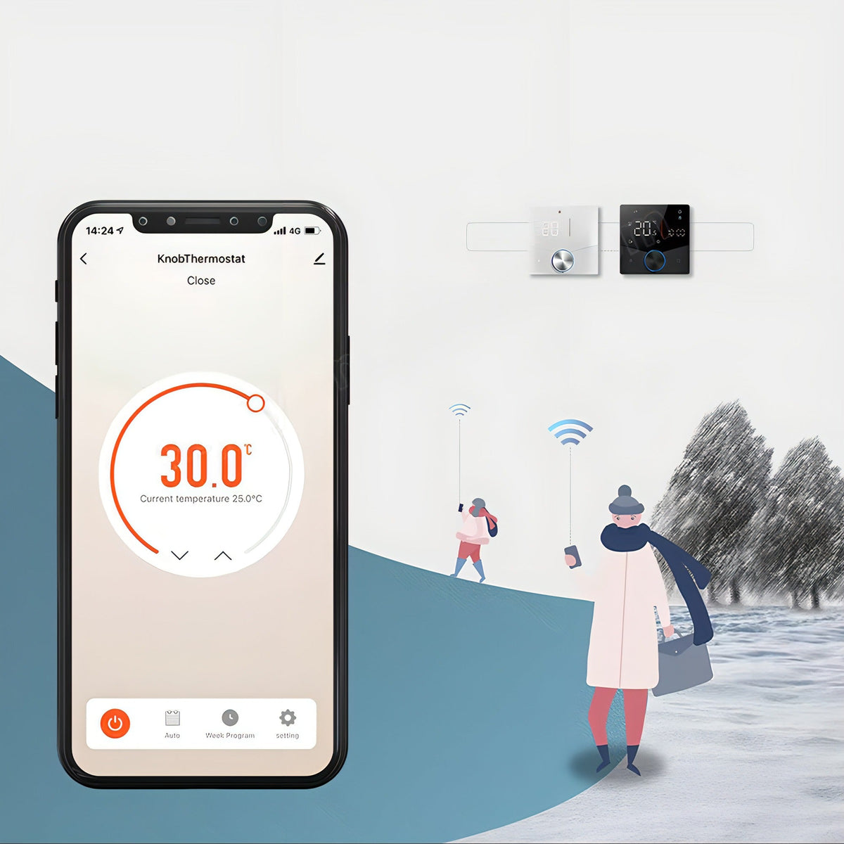Noventrixa Heating Thermostat close-up graphic