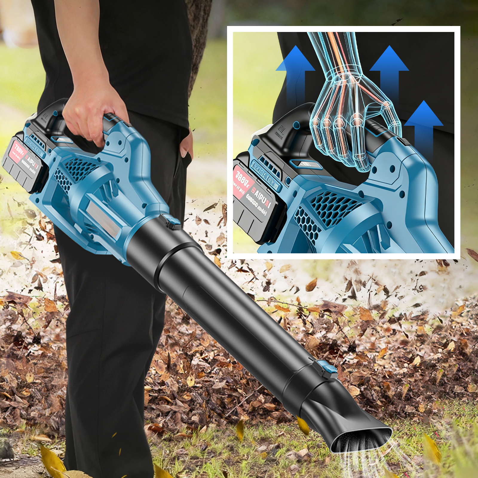 Person using a blue and black Wavel Cordless Electric Leaf Blower with a close-up inset showing internal components.