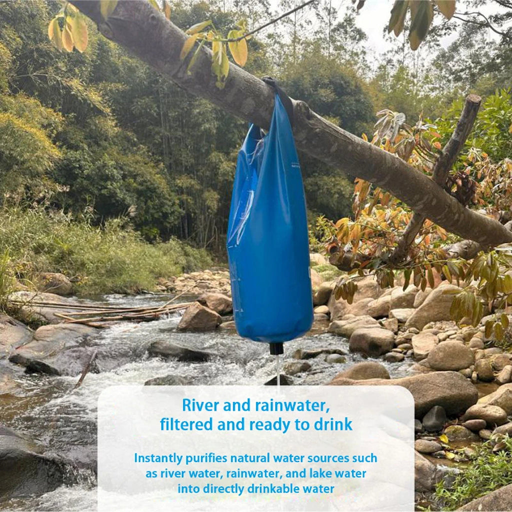 PureDropy Gravity Water Filter at a campsite