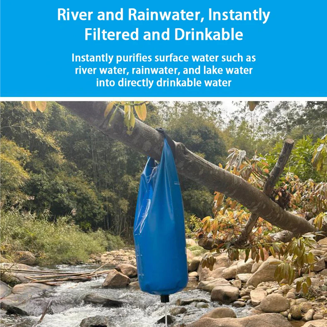 PureDropy Gravity Water Filter hanging outdoors