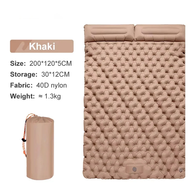 Khaki DuoRestor Pro Camping Mattress with packaging on a white background