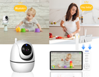 Smart Wavel Baby Monitor with a child playing, a woman cooking, and a tablet displaying the baby's video feed.