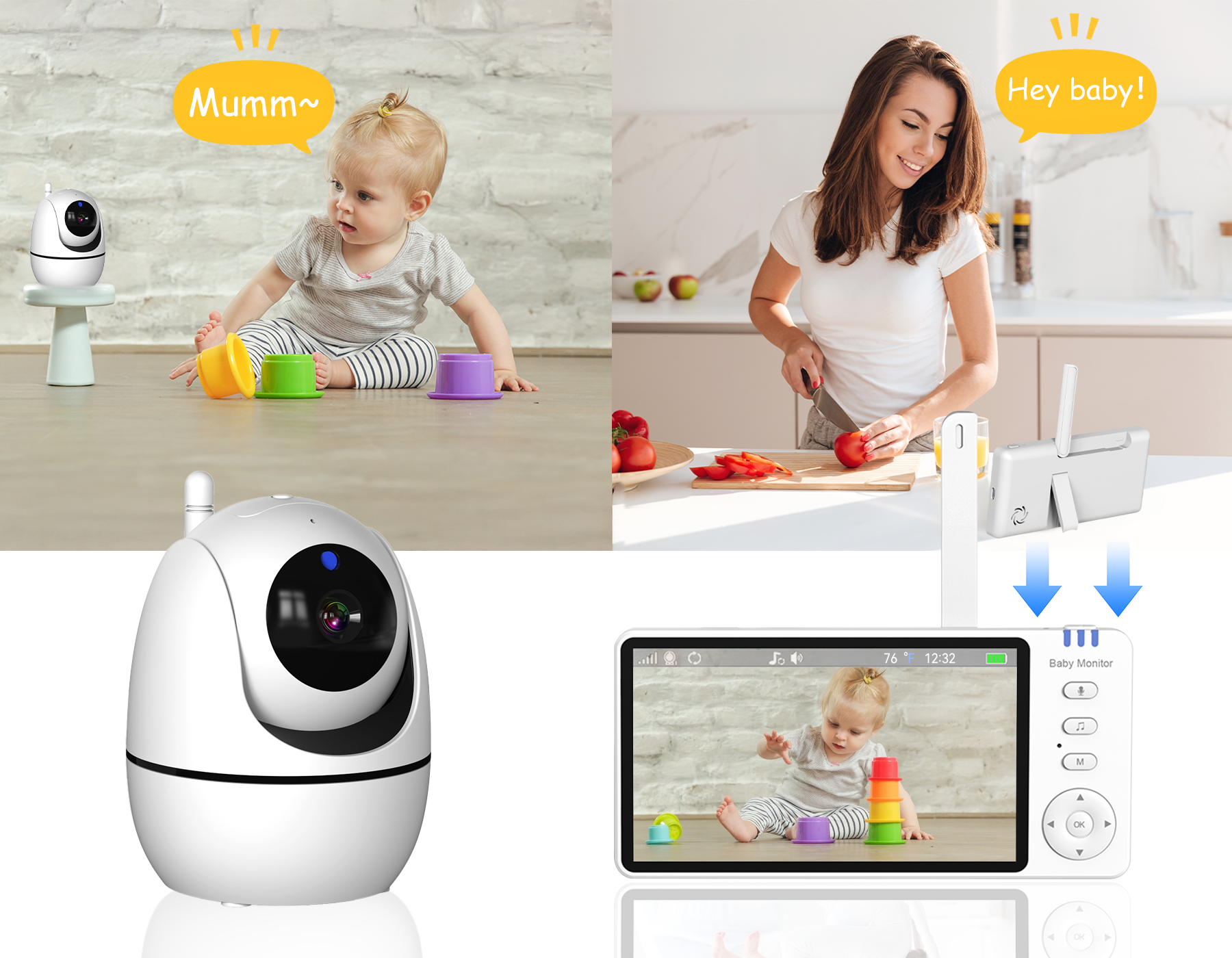Smart Wavel Baby Monitor with a child playing, a woman cooking, and a tablet displaying the baby's video feed.