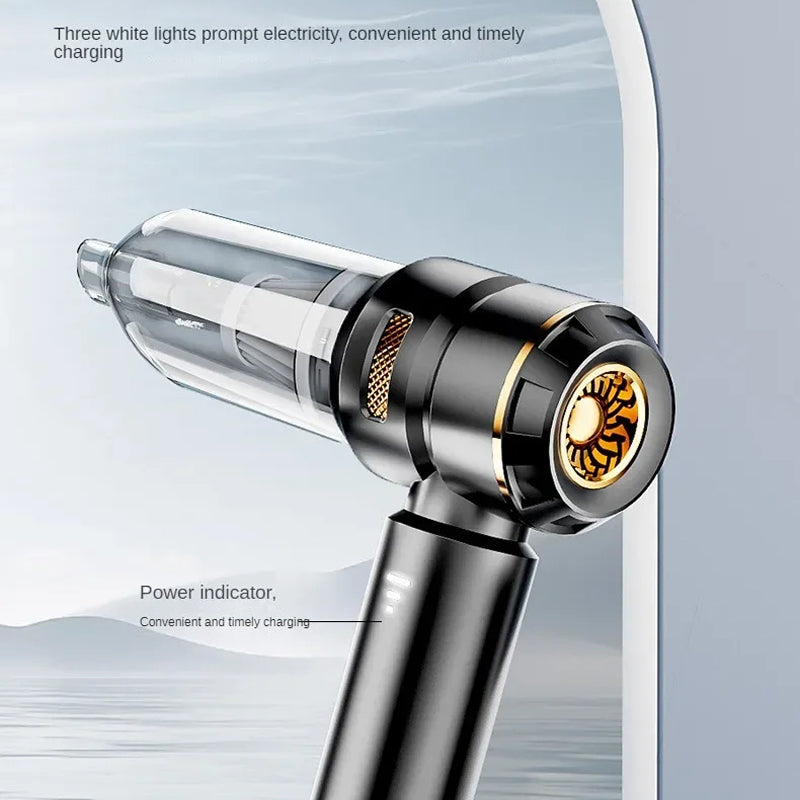 A close-up product shot of a CabinNixa Car Vacuum Cleaner head with a transparent dust container and black body, shown against a soft light blue background with marketing text about white lights and charging.