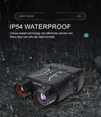 Black Optinexo Night Vision Binoculars with raindrops on a dark background, emphasizing waterproof feature.