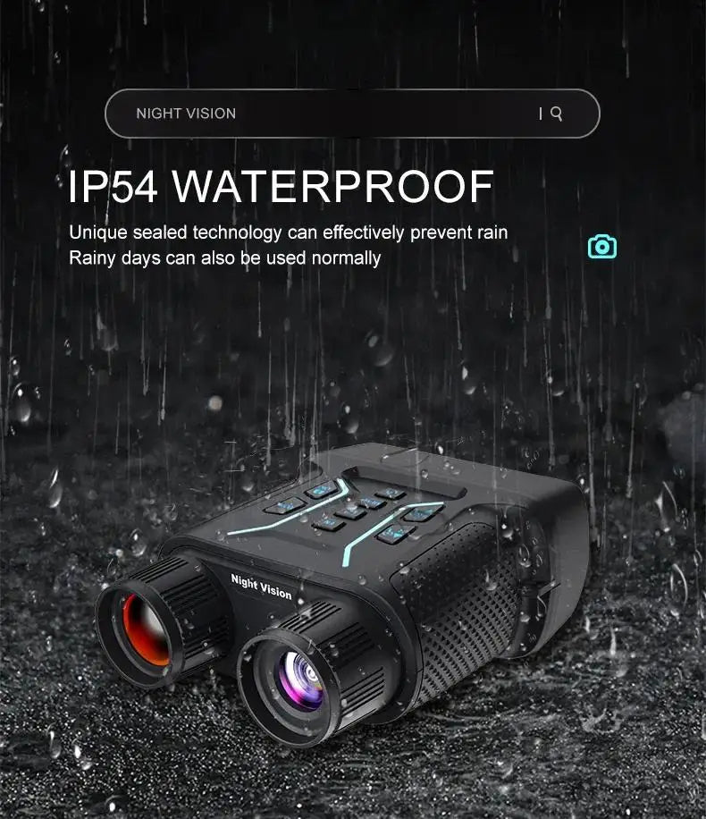 Black Optinexo Night Vision Binoculars with raindrops on a dark background, emphasizing waterproof feature.