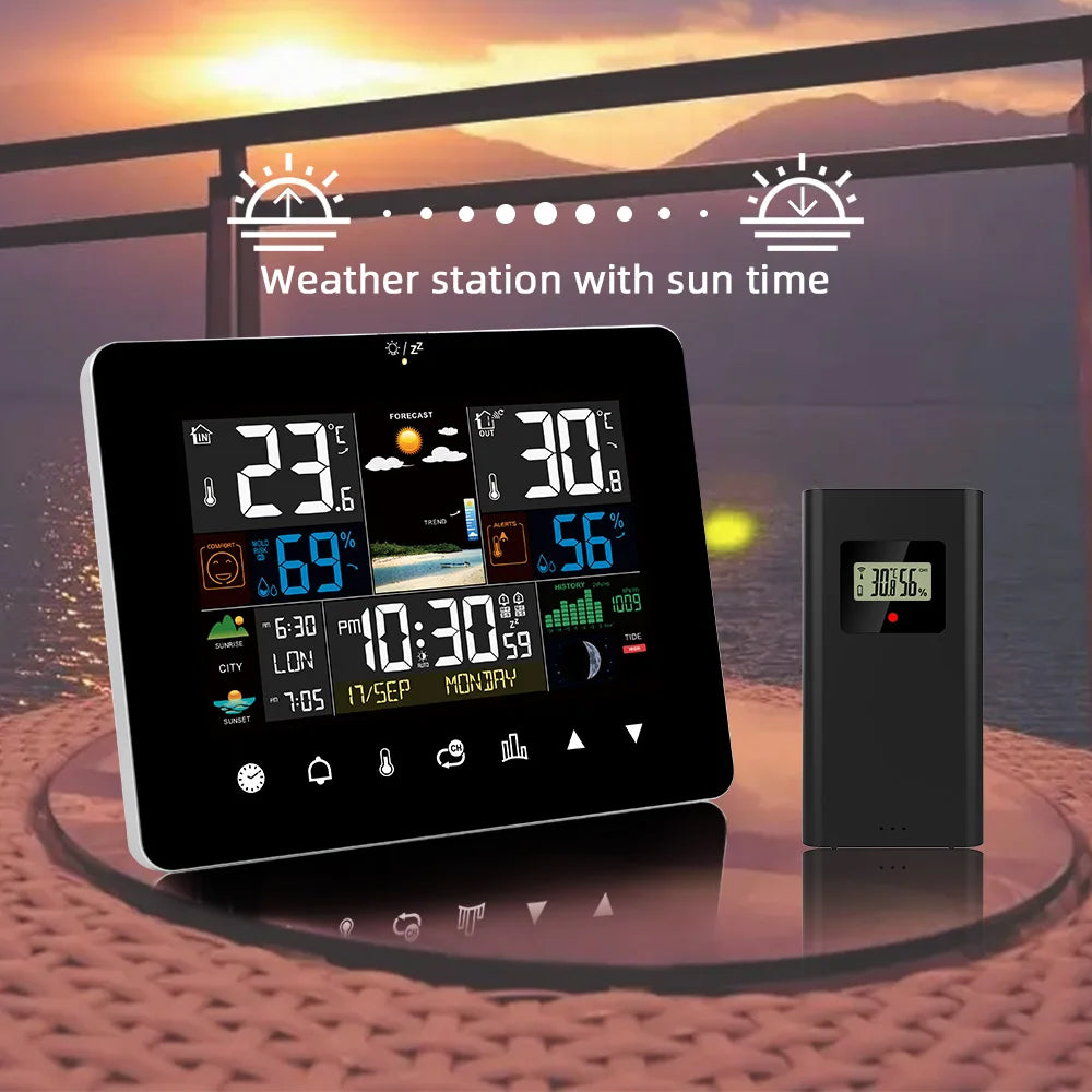 Zephytrak Home Weather Station with sun time display on a table with a scenic background